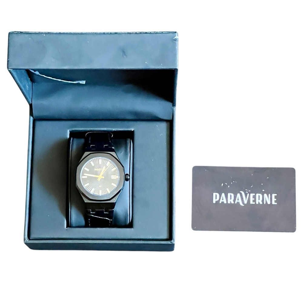 ParaVerne Men’s Watch Black and Gold Leather Band Butterfly Clasp Luxurious NWB